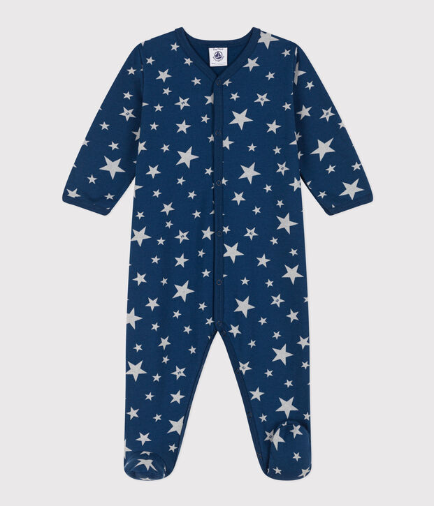 Strampler aus Molton mit phosphoreszierenden Sternen blau/weiss