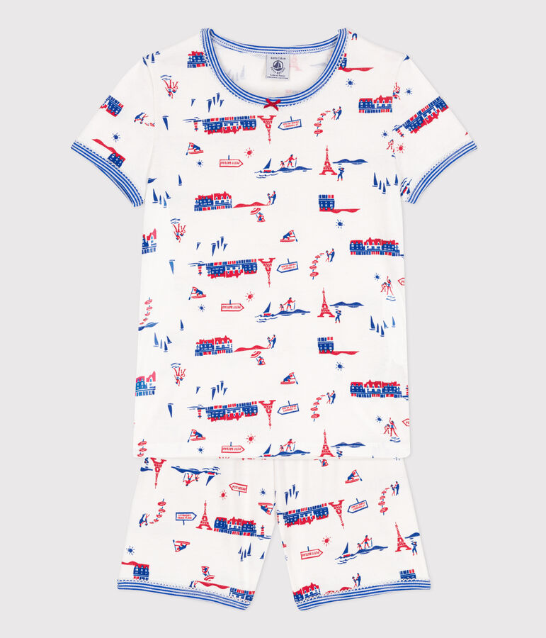 Kinder-Kurzpyjama Paris aus Baumwolle f&uuml;r M&auml;dchen weiss/vielfarbig