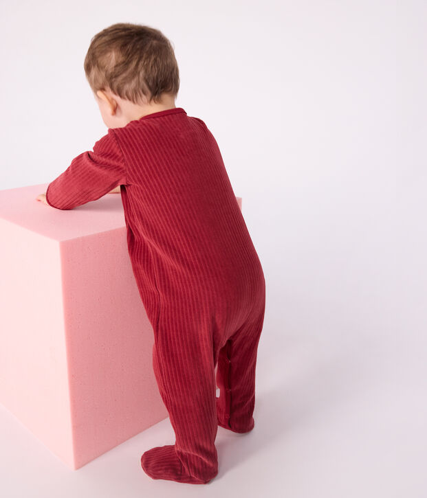 Baby-Schlafanzug aus Nicki Samt mit Stickerei rot