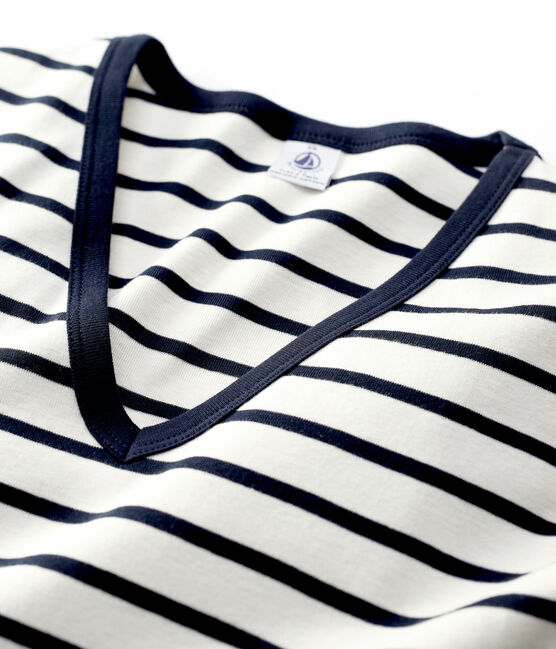 T-Shirt L’ICONIQUE aus Baumwolle mit V-Ausschnitt für Damen weiss MARSHMALLOW/blau SMOKING