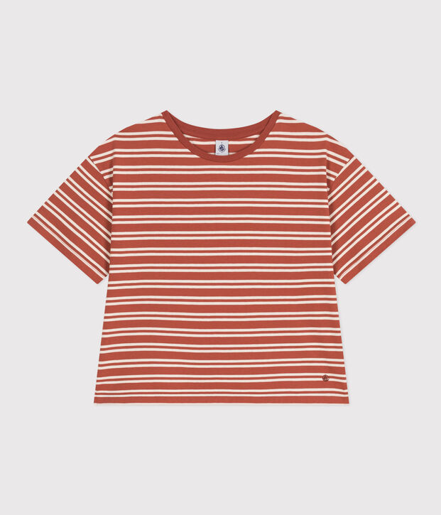 Damen-T-Shirt Le Boxy aus gestreifter Baumwolle braun/naturfarben