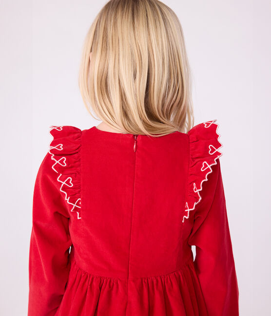 Langärmeliges Kinder-Kleid aus einfarbigem Fein-Cord. rot TERKUIT