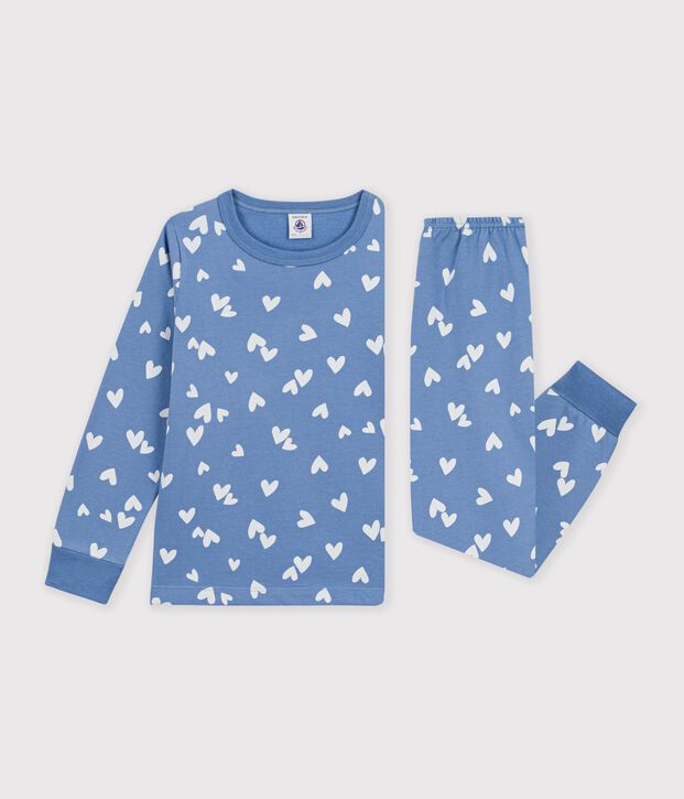 Kinder-Pyjama aus Molton mit Herzmotiv blau/weiss