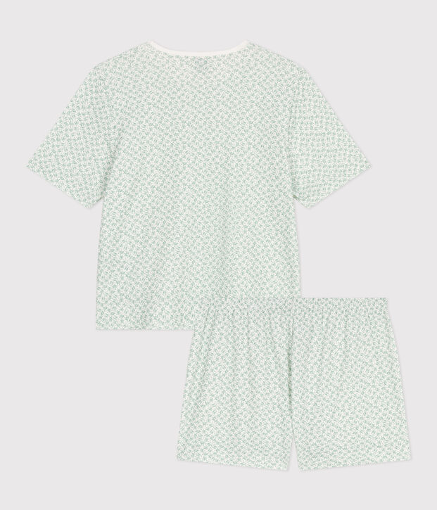 Damen-Kurzpyjama aus Baumwolle mit Blumenmotiv weiss/gr&uuml;n