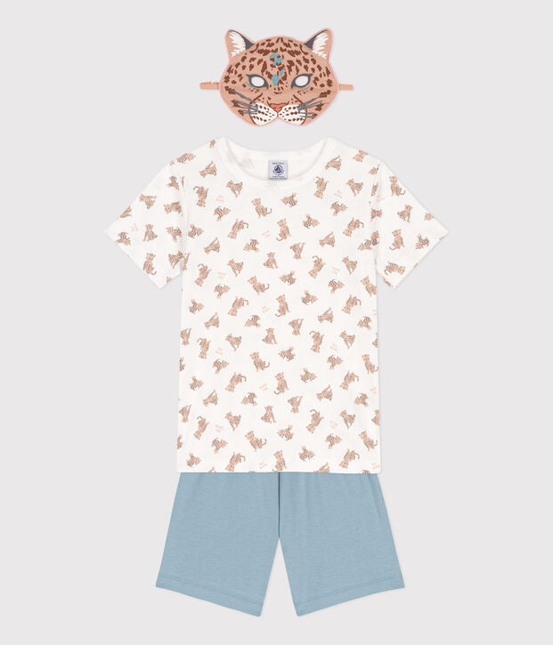 Kinderpyjama aus Baumwolle mit Leopardenmuster und Maske weiss/vielfarbig