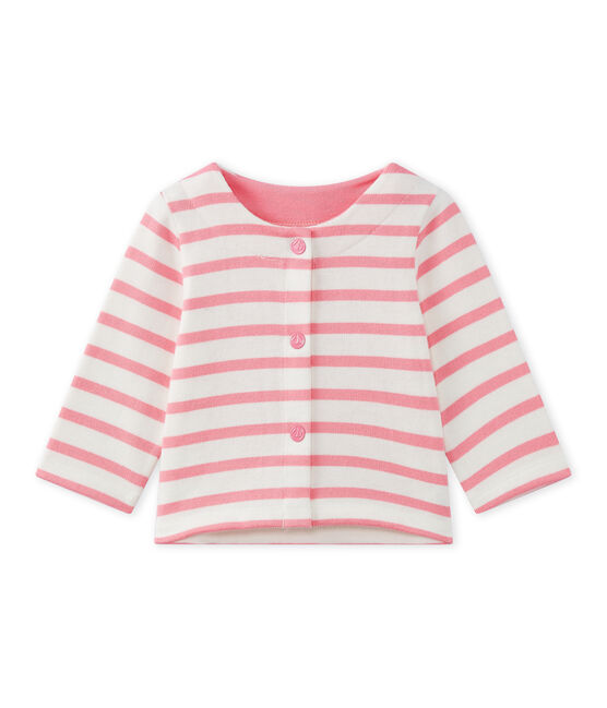 Gestreifter Baby-Mädchen-Cardigan weiss MARSHMALLOW/rosa PETAL