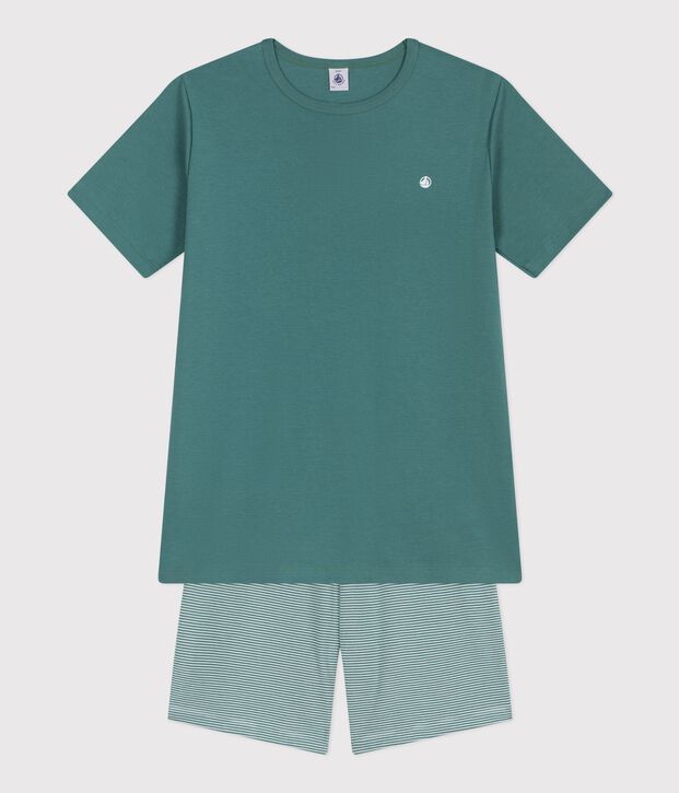 Kinder-Kurzpyjama aus Baumwolle mit Streifen gr&uuml;n/weiss