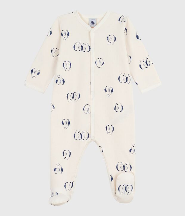 Baby-Strampler aus aufgerautem Molton mit Pinguin-Tiermotiv und Bl&uuml;tenkragen naturfarben/vielfarbig