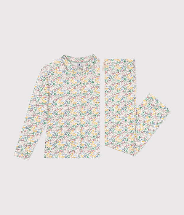 Damen-Pyjama aus Baumwolle mit Blumenmotiv weiss/vielfarbig