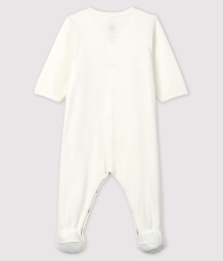 Baby-Strampler in Wei&szlig; aus Bio-Baumwoll-Velours mit Petit Bateau im Siebdruck weiss/grau