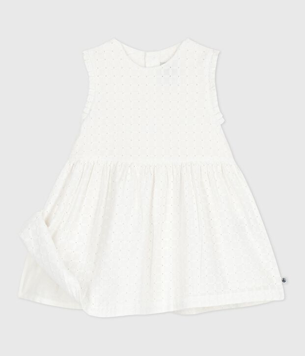 &Auml;rmelloses wei&szlig;es Baby-Kleid aus Baumwolle mit Lochspitze weiss