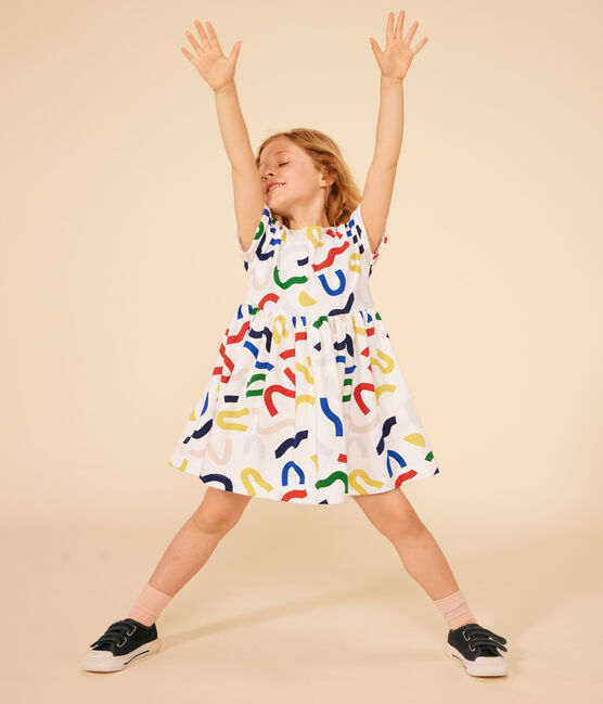 Kurzärmeliges Kleid mit Printmotiv aus Baumwolle Kinder/Mädchen weiss MARSHMALLOW/weiss MULTICO