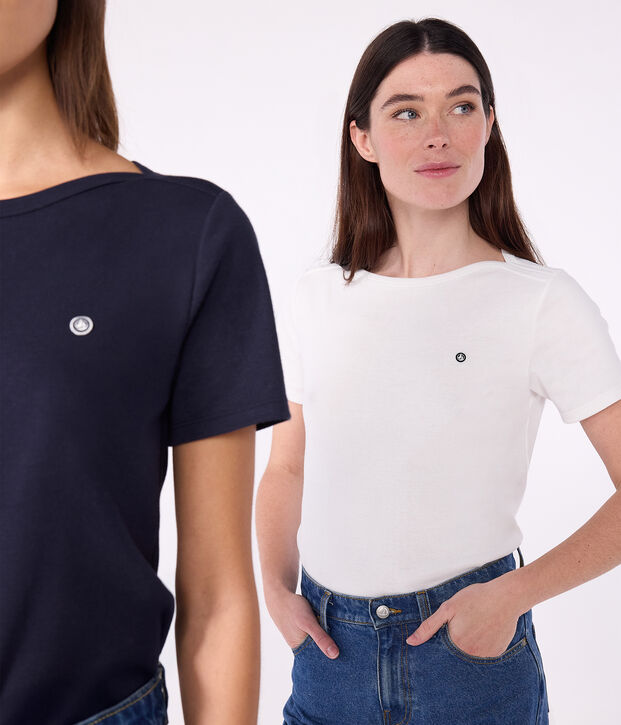 Kultiges Damen-T-Shirt mit Admiralskragen aus Baumwolle weiss