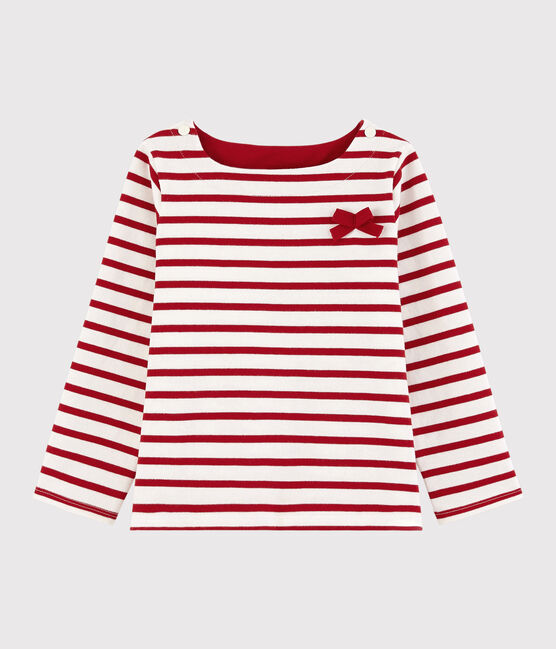 Kindershirt aus Jerseystoff mit Marinestreifen für Mädchen weiss MARSHMALLOW/rot TERKUIT