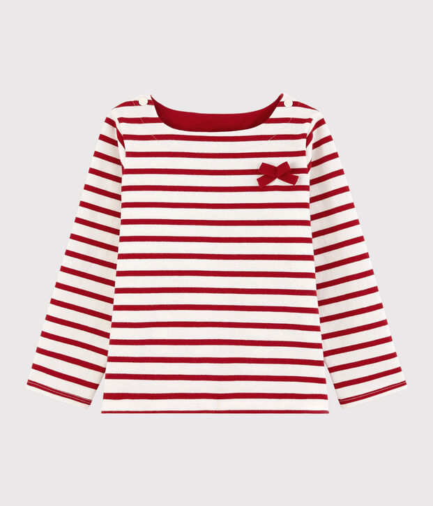 Kindershirt aus Jerseystoff mit Marinestreifen f&uuml;r M&auml;dchen weiss/rot