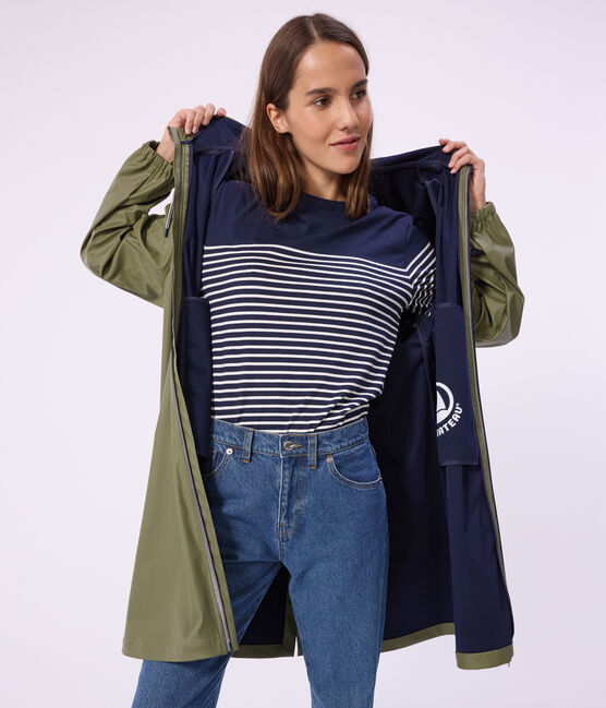 Lange Damen-Regenjacke mit zwei Farben grün OLIVINE