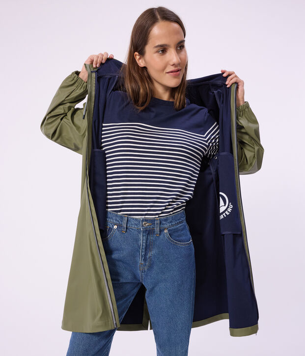 Lange Damen-Regenjacke mit zwei Farben OLIVINE