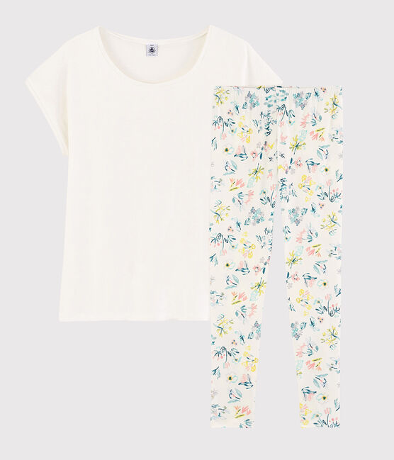 Pyjama aus Baumwolle mit Frühlingsblumenmotiv für Mädchen/Damen weiss MARSHMALLOW/weiss MULTICO