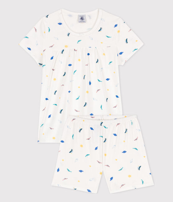 Kinder-Kurzpyjama aus Baumwolle mit Meerestier-Motiv für Mädchen weiss MARSHMALLOW/weiss MULTICO