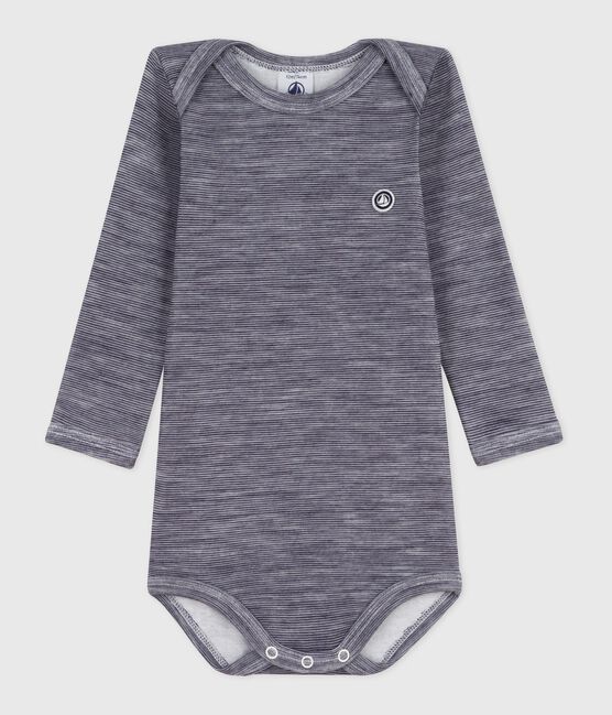 Langärmliger Baby-Body aus Wolle und Baumwolle blau SOIR/ MARSHMALLOW
