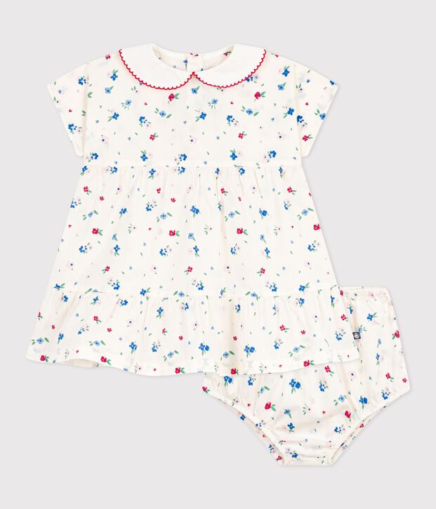 Kurz&auml;rmeliges Babykleid aus Baumwolle und dazu passender Bloomer mit Blumenmuster weiss/vielfarbig