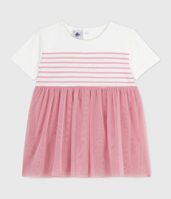 Kurzärmeliges Baby-Kleid aus Baumwolle und Tüll, gestreiftes Oberteil weiss MARSHMALLOW/rosa CHARME