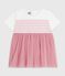 Kurzärmeliges Baby-Kleid aus Baumwolle und Tüll, gestreiftes Oberteil weiss MARSHMALLOW/rosa CHARME
