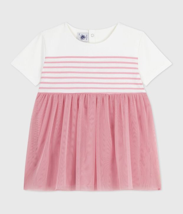 Kurz&auml;rmeliges Baby-Kleid aus Baumwolle und T&uuml;ll, gestreiftes Oberteil weiss/rosa
