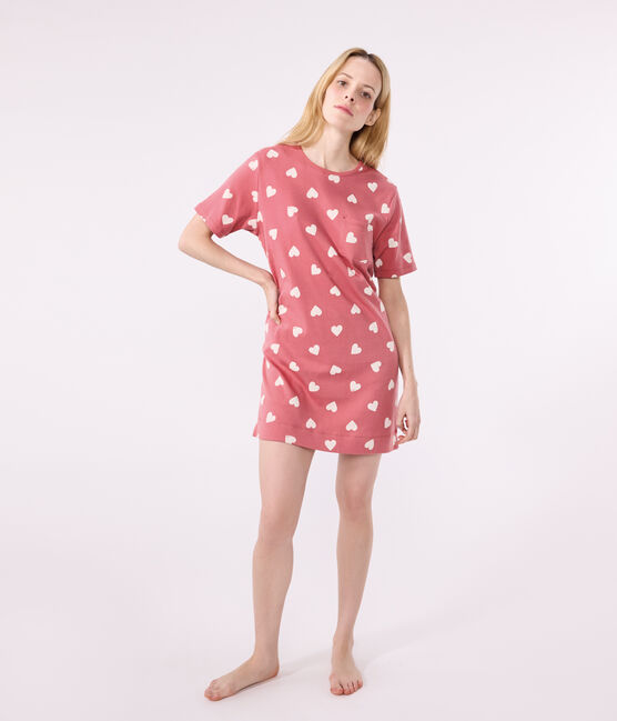 Kurzärmeliges Damen-Nachthemd aus Baumwolle mit Herzmotiv rosa ROSEWOOD/ MARSHMALLOW
