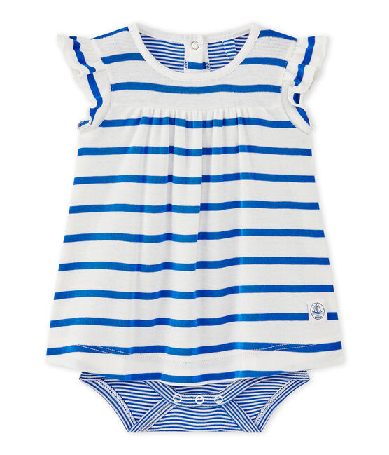 Baby-Mädchen-Bodykleid mit originellem Streifenmuster weiss MARSHMALLOW/blau PERSE