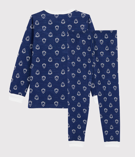 Jacquard-Pyjama mit Yetimotiv aus Wolle/Baumwolle für Jungen blau MEDIEVAL/weiss MARSHMALLOW