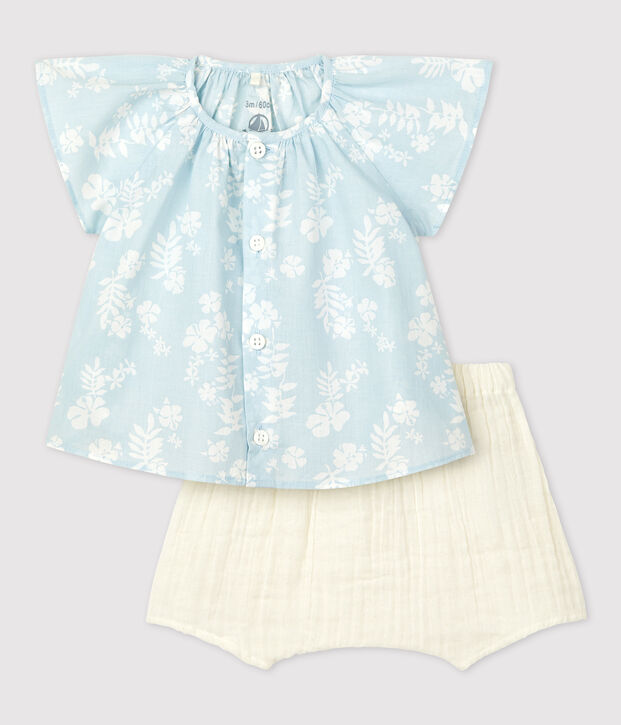 Zweiteiliges Baby-Set aus Bio-Popeline mit Hawaiimuster blau/weiss