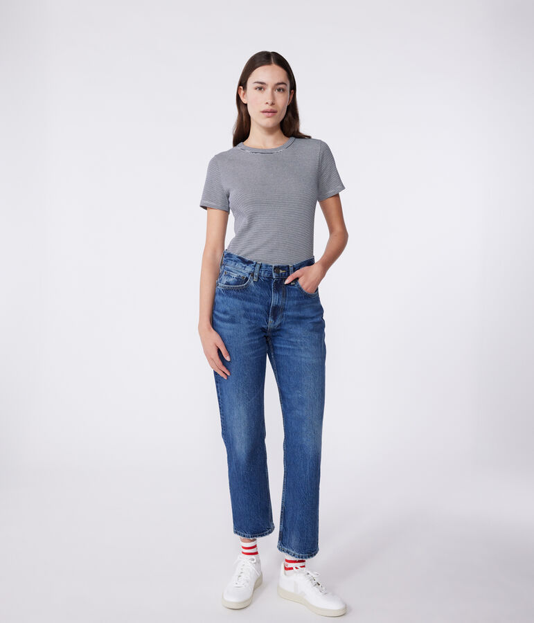 Kurz&auml;rmeliges Damen-T-Shirt L'Iconique aus gestreiftem Rippstrick blau SMOKING/weiss MARSHMALLOW
