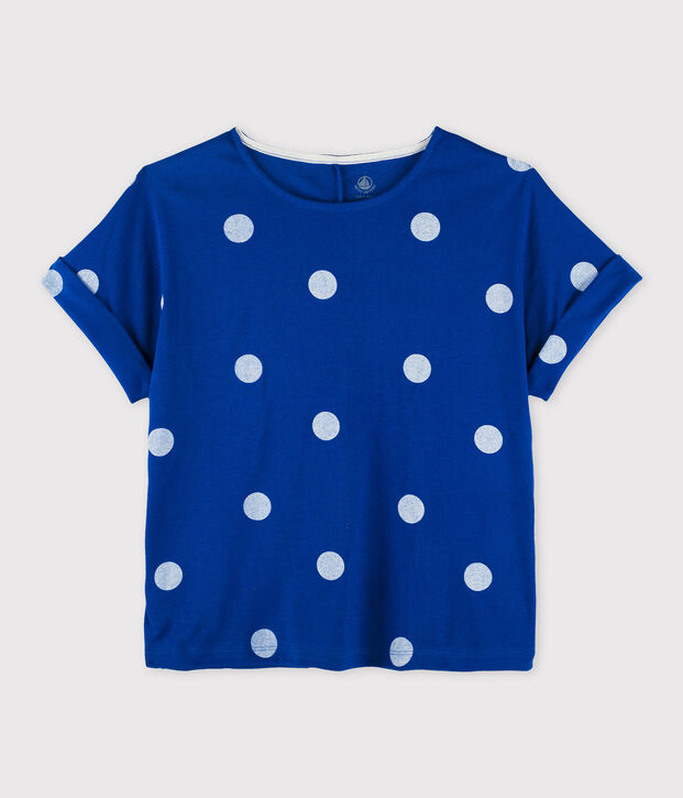 T-Shirt aus Baumwolle/Leinen mit Printmuster Damen blau/weiss