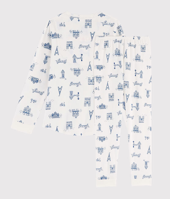 Kinderpyjama aus Rippstrick mit Paris-Aufdruck weiss MARSHMALLOW/blau MAJOR