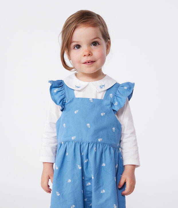 Langbeinige Baby-Latzhose aus Baumwolle mit bestickten Blumen blau/weiss