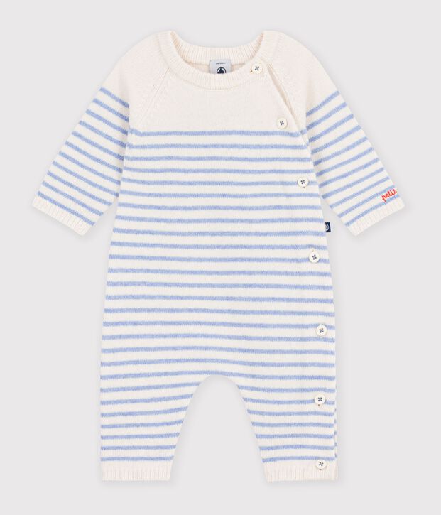 Baby-Overall aus Woll- und Baumwollstrick mit Streifen blau/blau