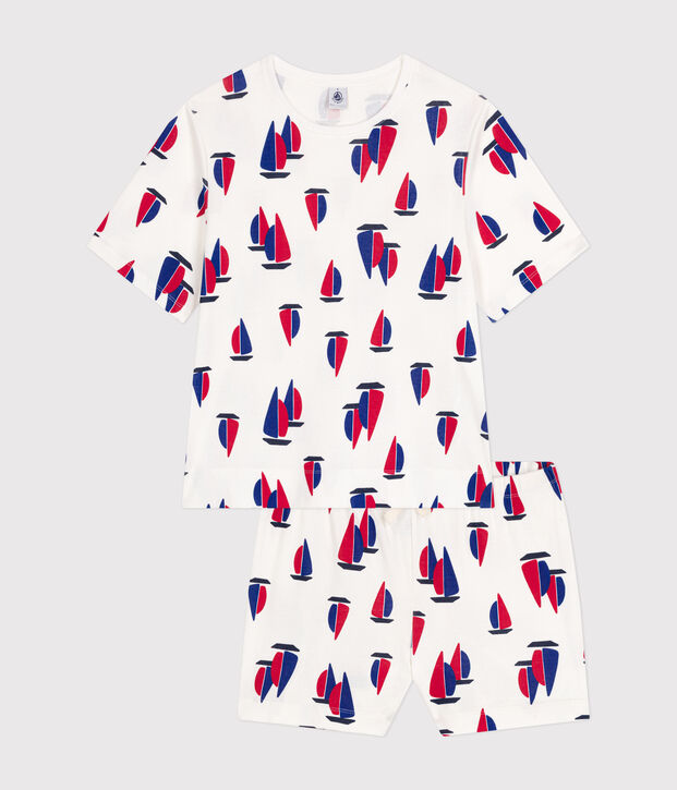 Kurzer Damen-Pyjama, Shorts und T-Shirt aus Baumwolle mit Schiff-Motiv weiss/vielfarbig