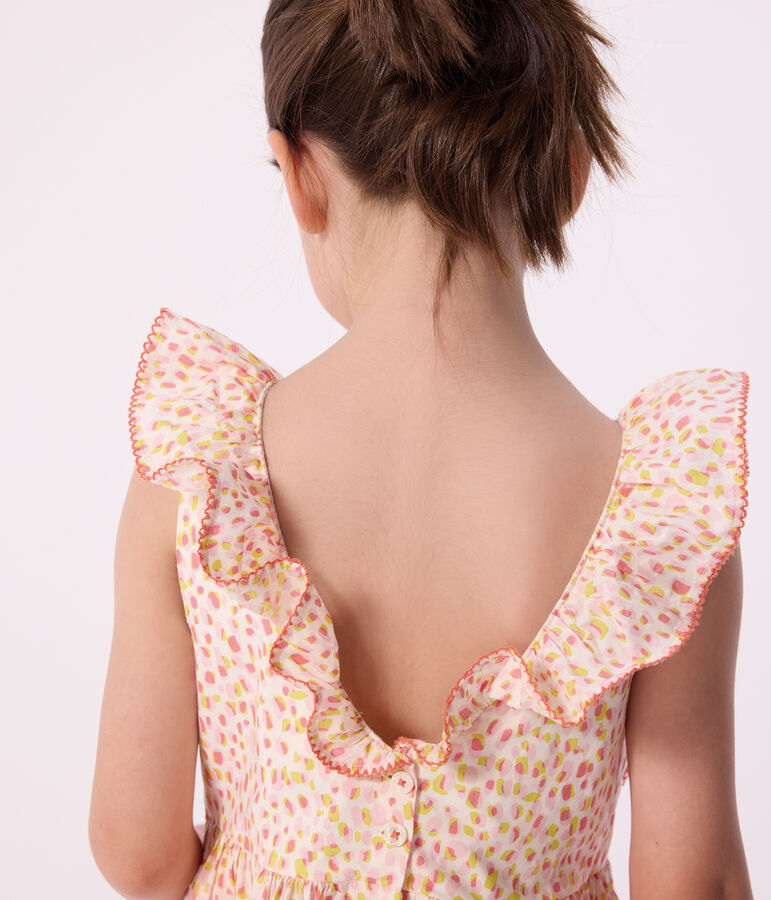 &Auml;rmelloses Kinder-Kleid mit freiem R&uuml;cken aus gemusterter Baumwolle weiss/vielfarbig