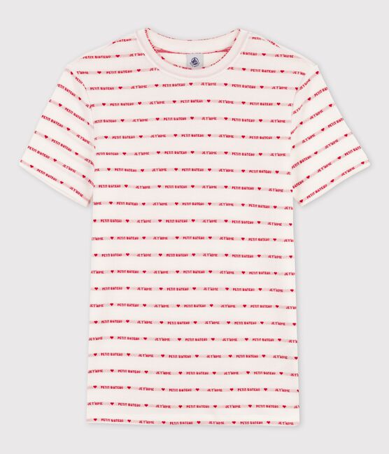 Eng anliegendes T-Shirt mit Rundhalsausschnitt aus Bio-Baumwolle Damen weiss MARSHMALLOW/rot TERKUIT