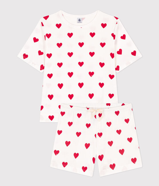 Kurz-Pyjama aus Baumwolle für Damen weiss MARSHMALLOW/rot TERKUIT