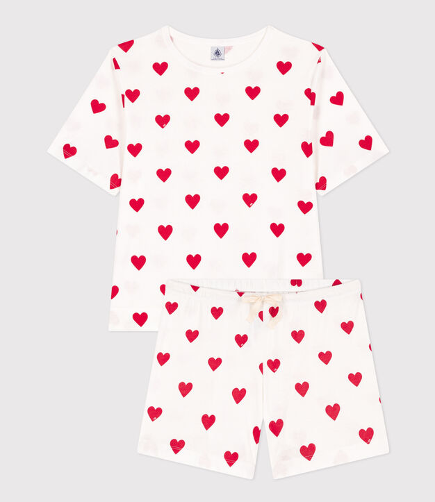 Kurz-Pyjama aus Baumwolle f&uuml;r Damen weiss/rot