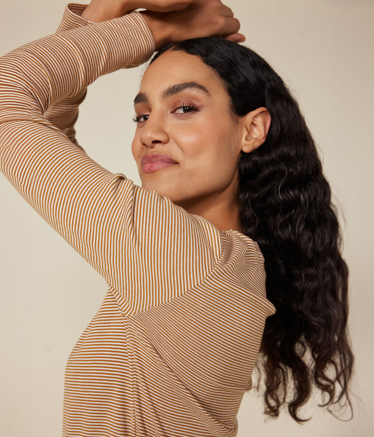 Lang&auml;rmeliges Damen-T-Shirt L'Iconique aus gestreiftem Rippstrick braun/weiss