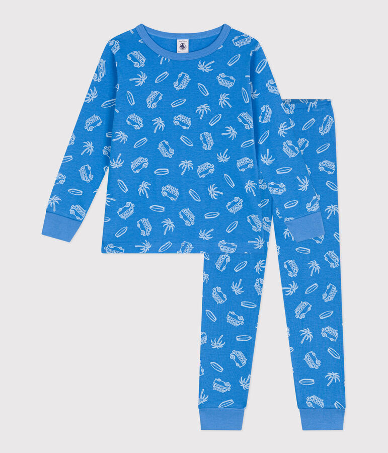 Lang&auml;rmeliger Kinder-Pyjama aus Baumwolle mit Minibus-Motiv blau/weiss