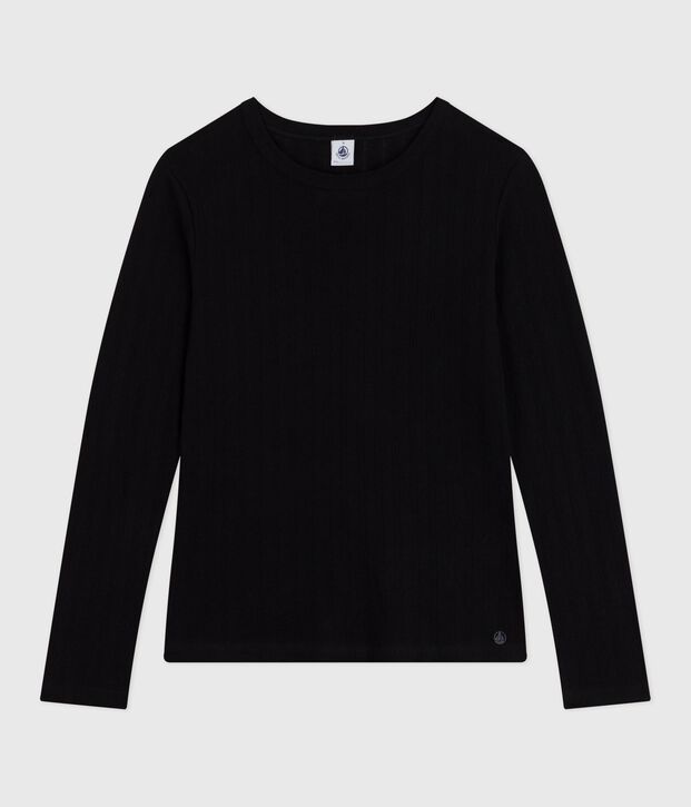 Lang&auml;rmeliges Damen-T-Shirt L&rsquo;Iconique aus Baumwolle mit Lochstickerei schwarz