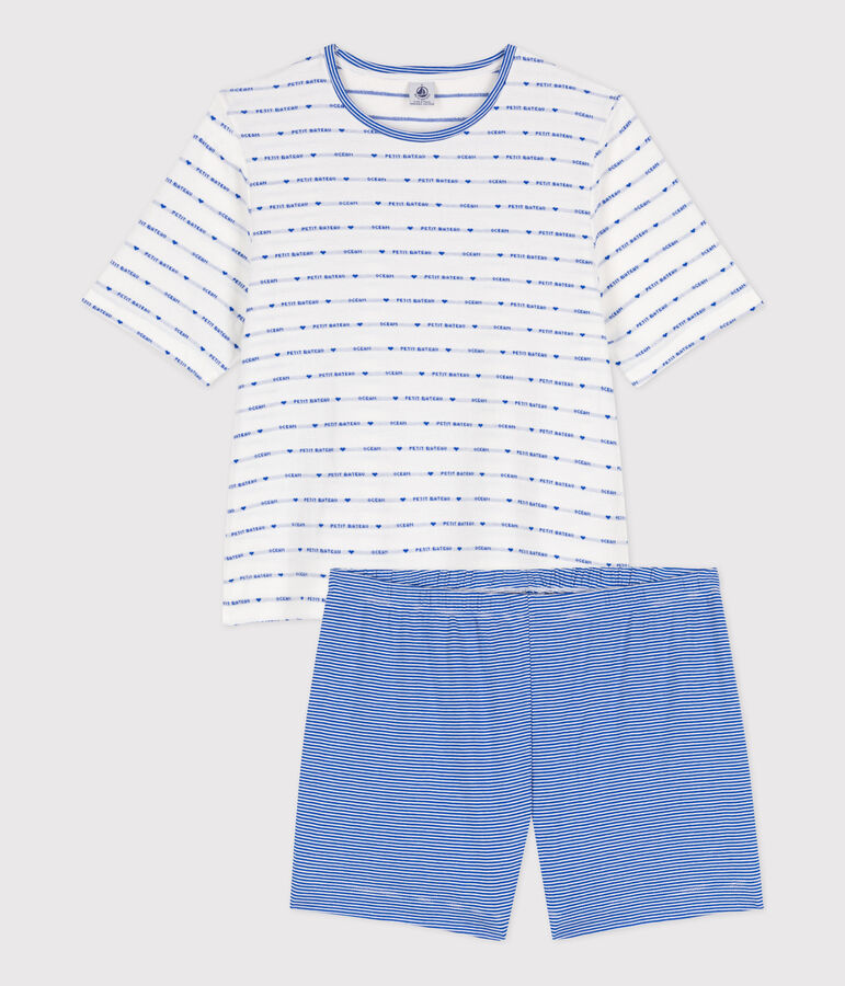 Kurz-Pyjama aus Baumwolle f&uuml;r Damen weiss/blau