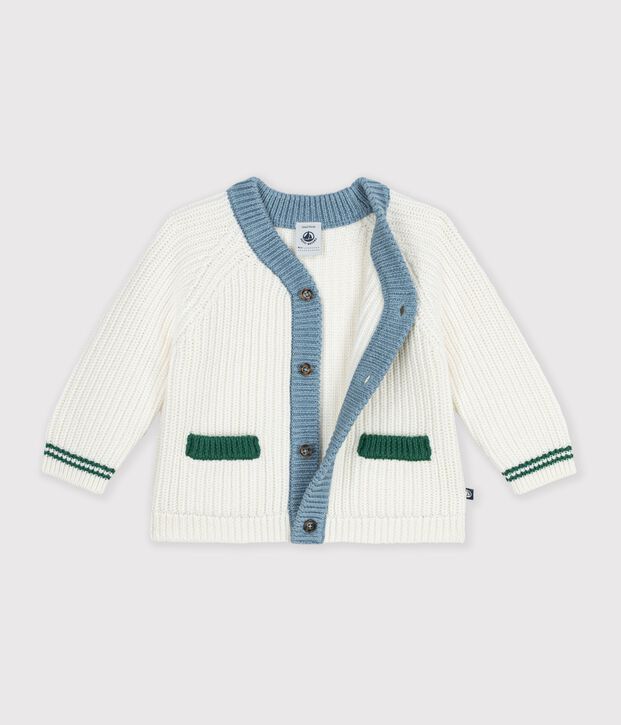 Baby-Cardigan aus Woll-/Baumwollstrick mit farblich abgesetzten Details weiss/vielfarbig