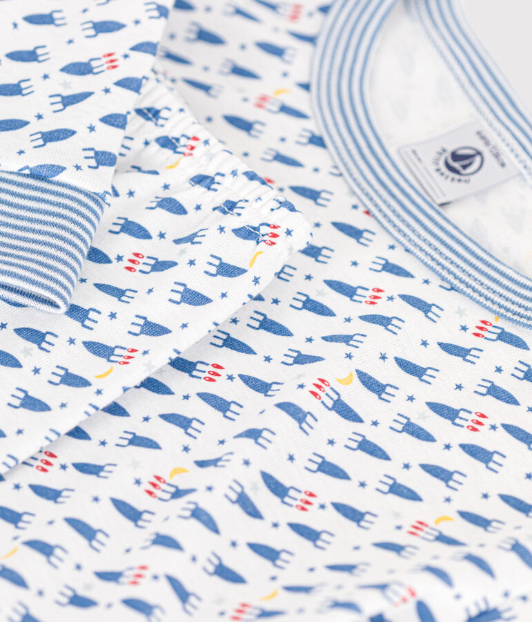 Eng anliegender Kinder-Pyjama aus Baumwolle mit Raketenmotiv weiss/vielfarbig