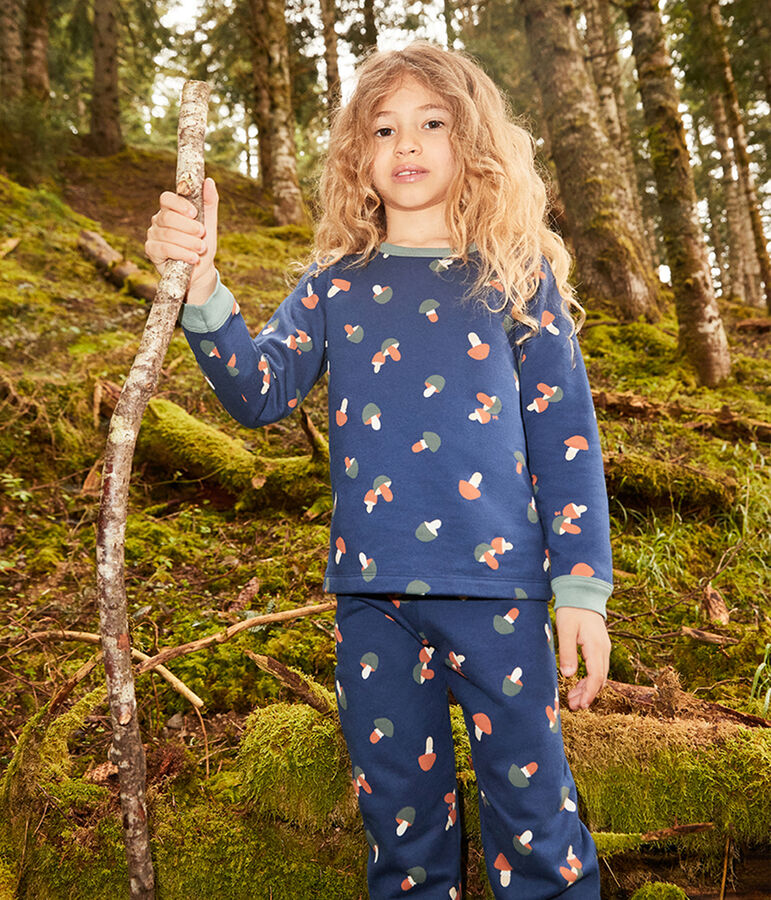 Kinderpyjama aus Molton mit Pilzmotiv blau/vielfarbig