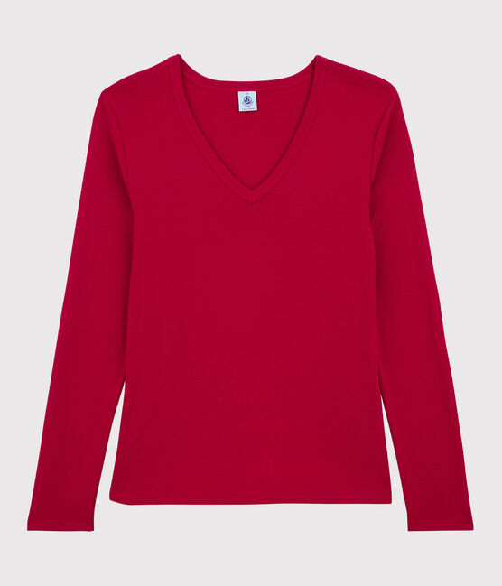 Klassisches Damen-T-Shirt aus Baumwolle mit V-Ausschnitt rot TERKUIT